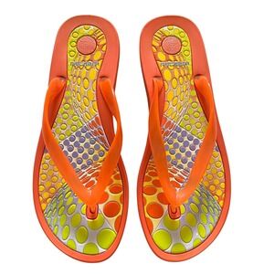 Rider Womens 10 Orange Pop Art Polka Dot Thong Flip Flop Sandals Beach Boho